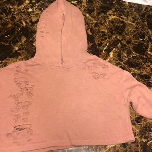 Womens Distressed pink crop top hoodie